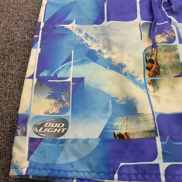 Bud Light Mens Swim Trunks Medium Blue Surf Print Board Shorts Drawstring Waist - Picture 5 of 7